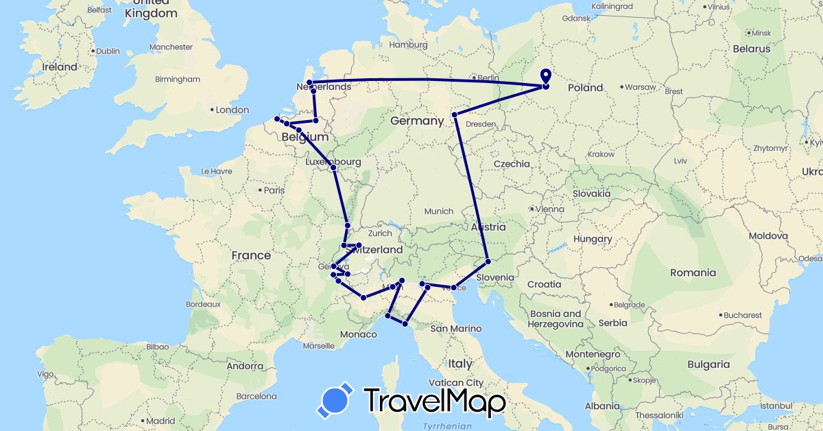TravelMap itinerary: driving in Belgium, Switzerland, Germany, France, Italy, Luxembourg, Netherlands, Poland, Slovenia (Europe)
